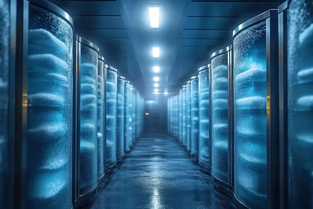 A neon-blue corridor filled with cylindrical tanks of glowing liquid and swirling bubbles under cool lighting.