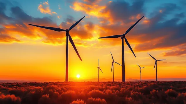 Wind turbines at sunset over a field, silhouetted against vivid orange and blue clouds
