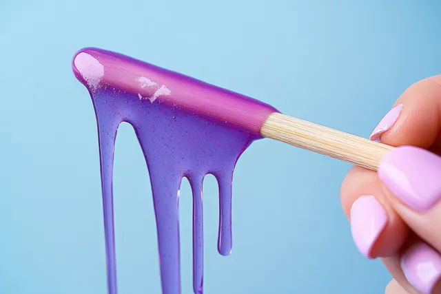 A hand uses a wooden spatula to spread glossy purple wax with visible drips on a blue background.