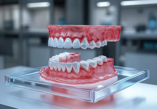 3D dental teeth model with transparent orthodontic aligners on a clear display base