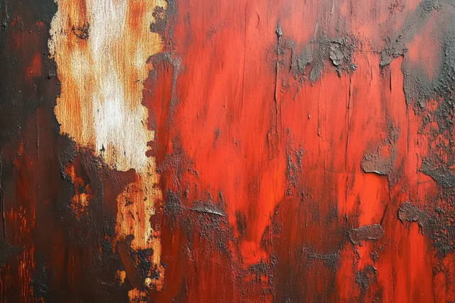 Red and dark brown metal with peeling paint and rust flakes fills the frame in a tight close-up.