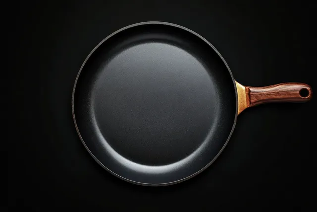 An empty black frying pan with a wooden handle viewed from above on a dark background.