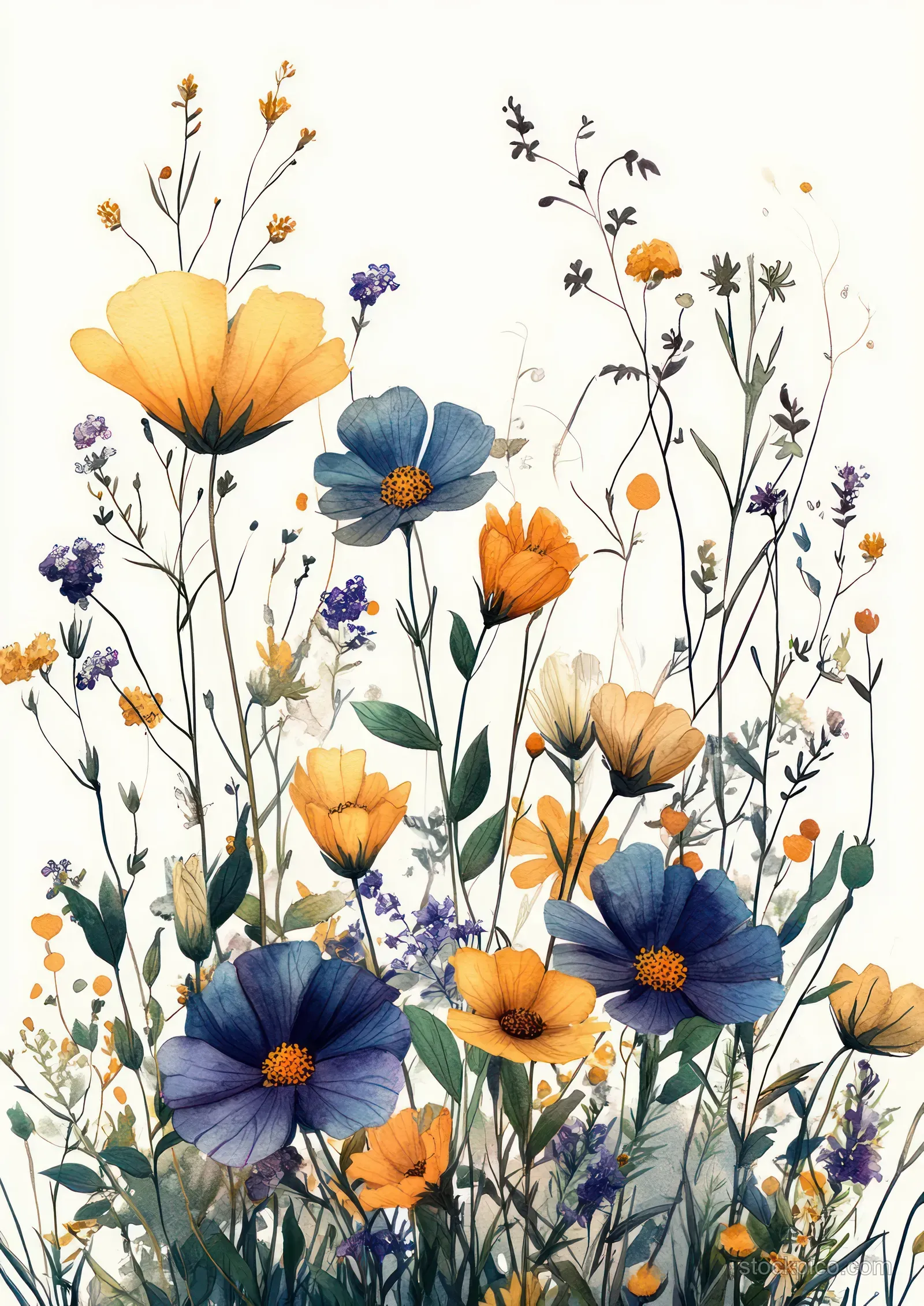 Watercolor frame of wildflowers and herb sprigs including chamomile, lavender, and eucalyptus against a pale background.