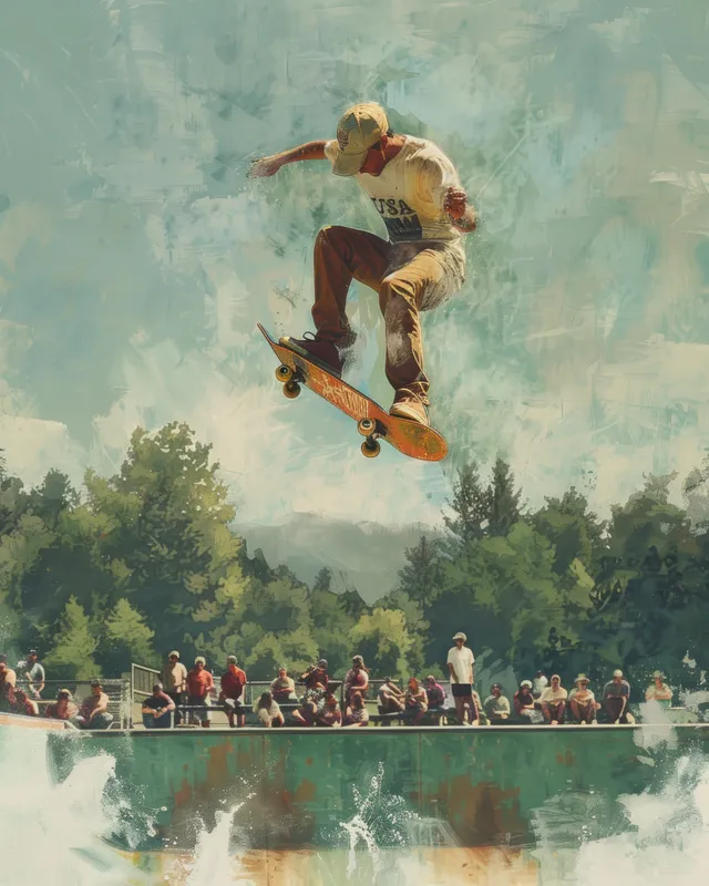 A skater flies mid-air over a water feature in a park as spectators watch from the shore.