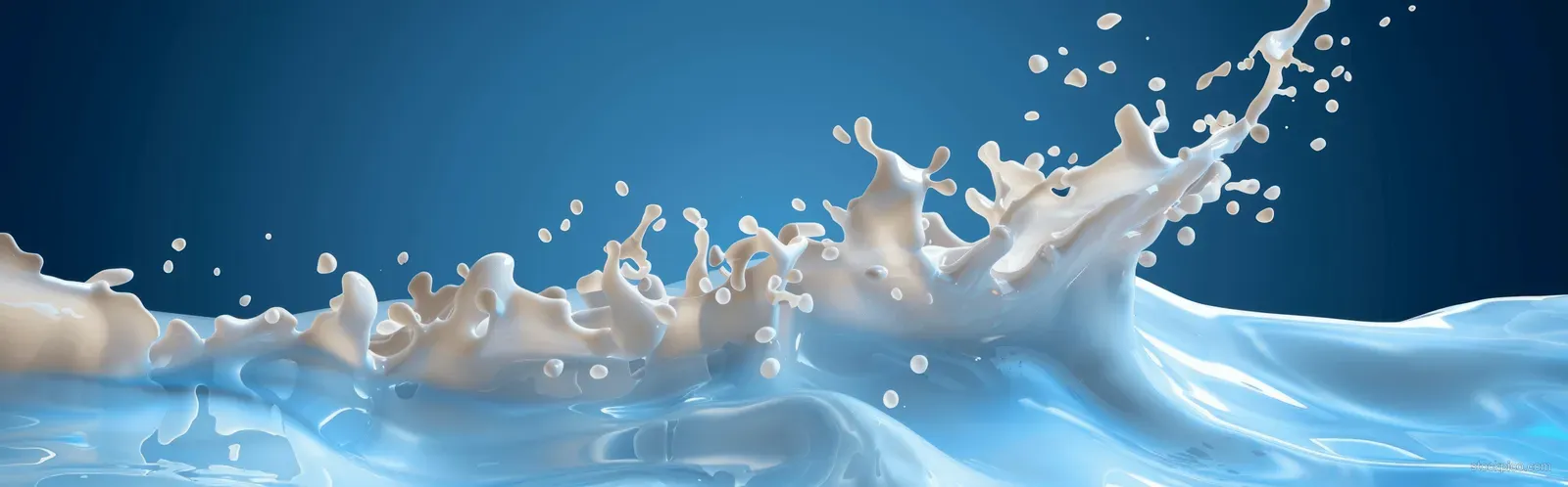 A realistic milk splash with droplets and foamy liquid waves spreads across a vivid blue background.
