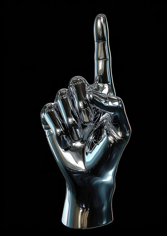A shiny chrome 3D hand making a number one gesture under dramatic spotlight reflections on a black background.