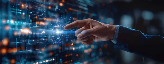 Businessman interacting with AI data dashboard on virtual screen with code-like streams