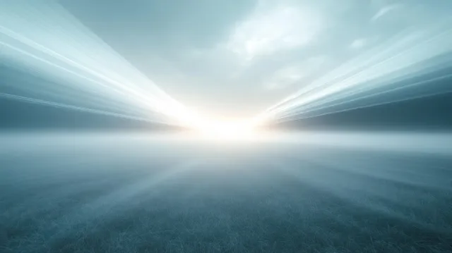Minimal abstract landscape with converging soft light beams and a misty horizon over calm blue tones.