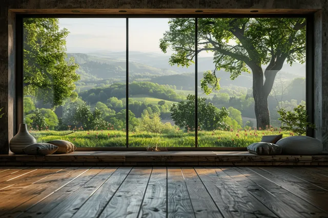 Empty contemporary loft room with wide window framing lush green valley landscape view
