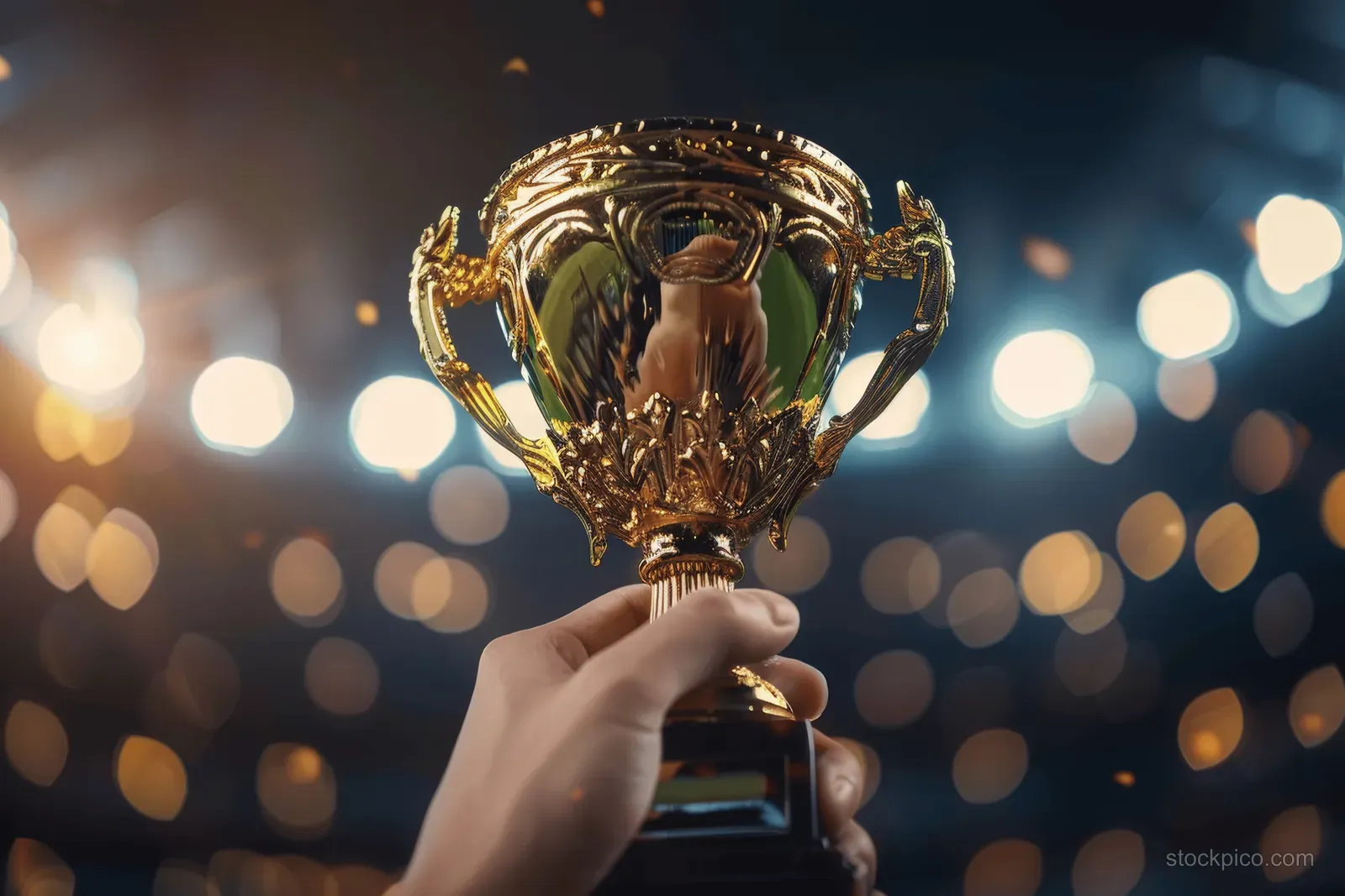 Hands hold a golden trophy cup in front of blurred stadium spotlights at night.