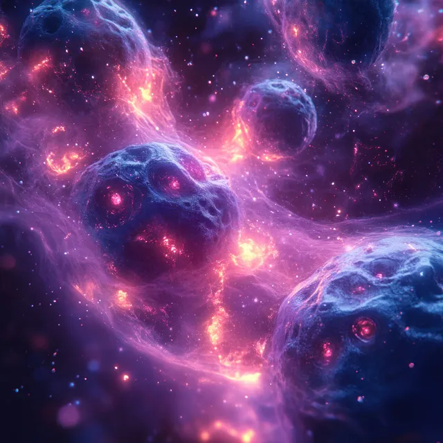 Glowing virus-like cells drift through a purple and blue cosmic background suggesting contagion and infection.