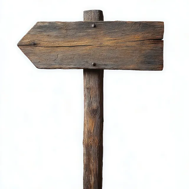 Weathered wooden signpost pointing left with wood grain and two nails, isolated on white background.
