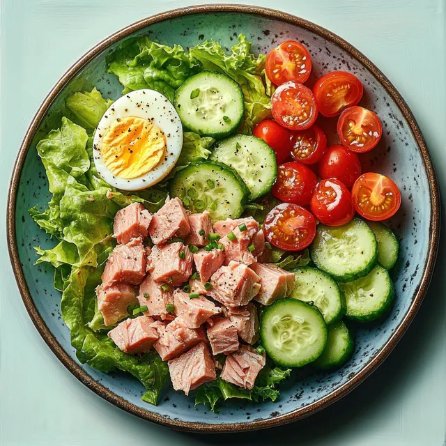 Overhead view of a rustic ceramic salad plate with salmon, halved egg, cherry tomatoes, cucumber slices, and leafy greens.