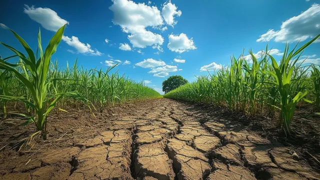 Dry cracked soil path between green corn rows under a bright blue sky with scattered clouds.