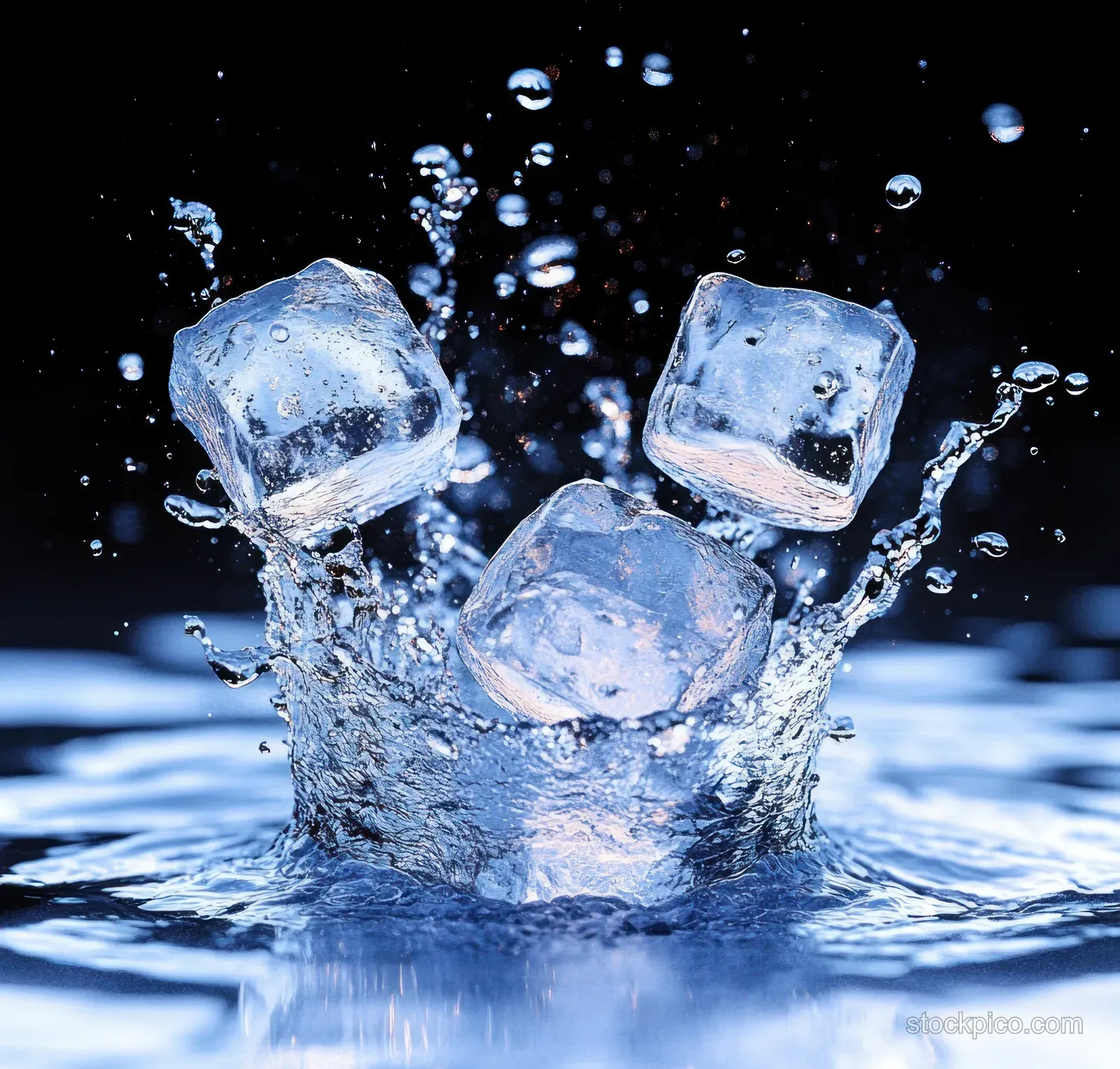 Ice cubes break the water surface and splash droplets upward with sparkling reflections.