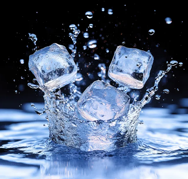 Ice cubes break the water surface and splash droplets upward with sparkling reflections.