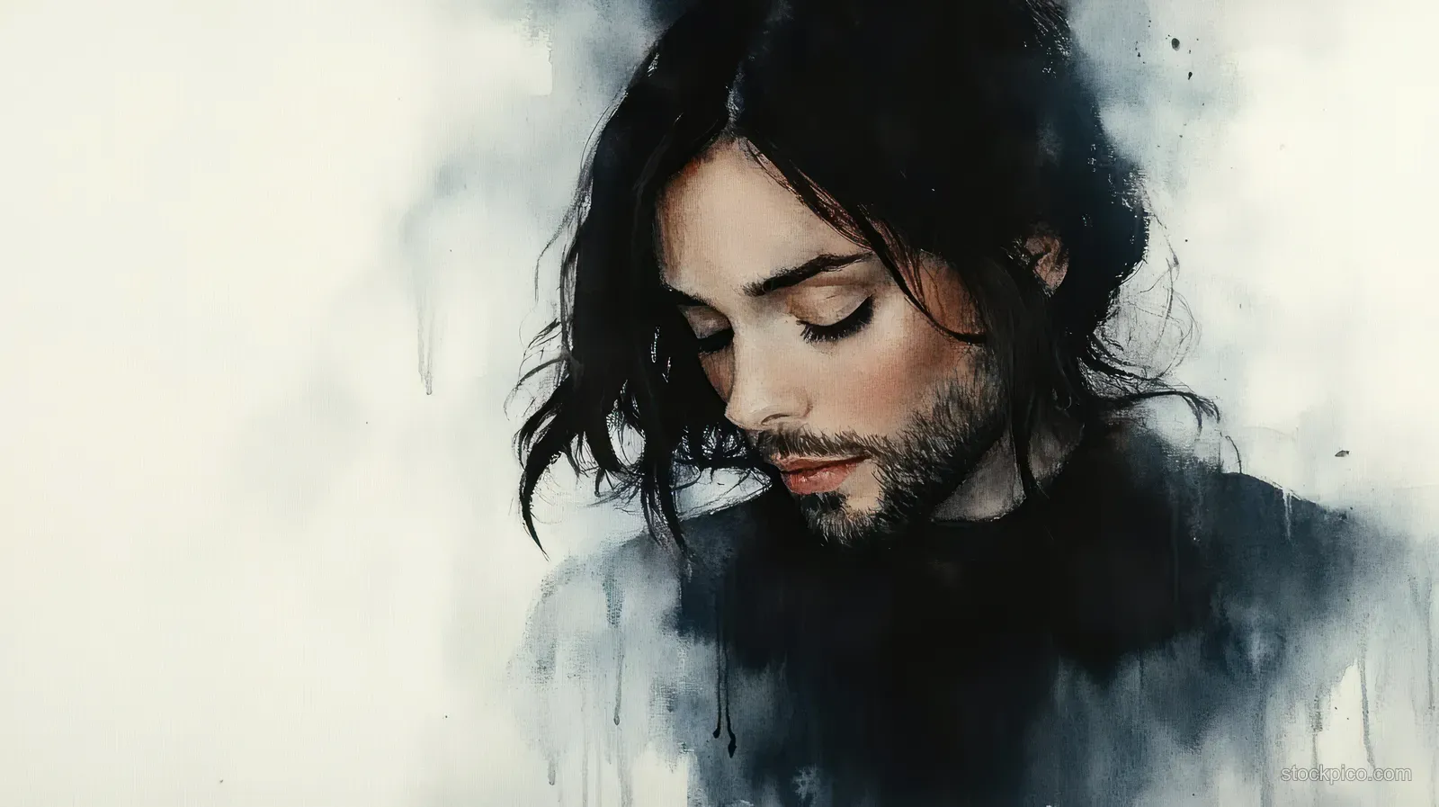 Watercolor portrait of Jesus Christ with dark hair and soft shadows on a minimal background with copy space.