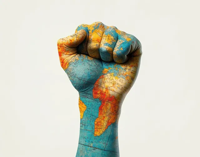 Painted raised clenched fist with world map continents and oceans on a white background.