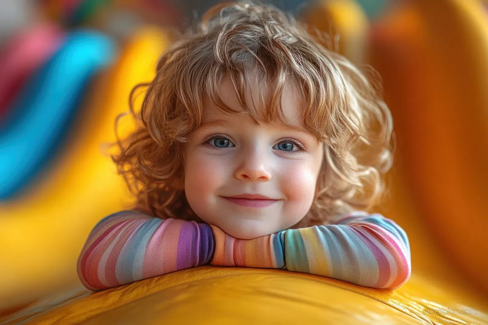 Curly-haired child smiles while peeking over the edge of a yellow playground slide in morning light.