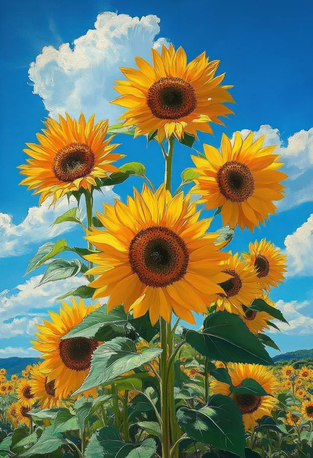 Yellow sunflowers with dark centers bloom in a green field under a bright blue sky with fluffy white clouds.
