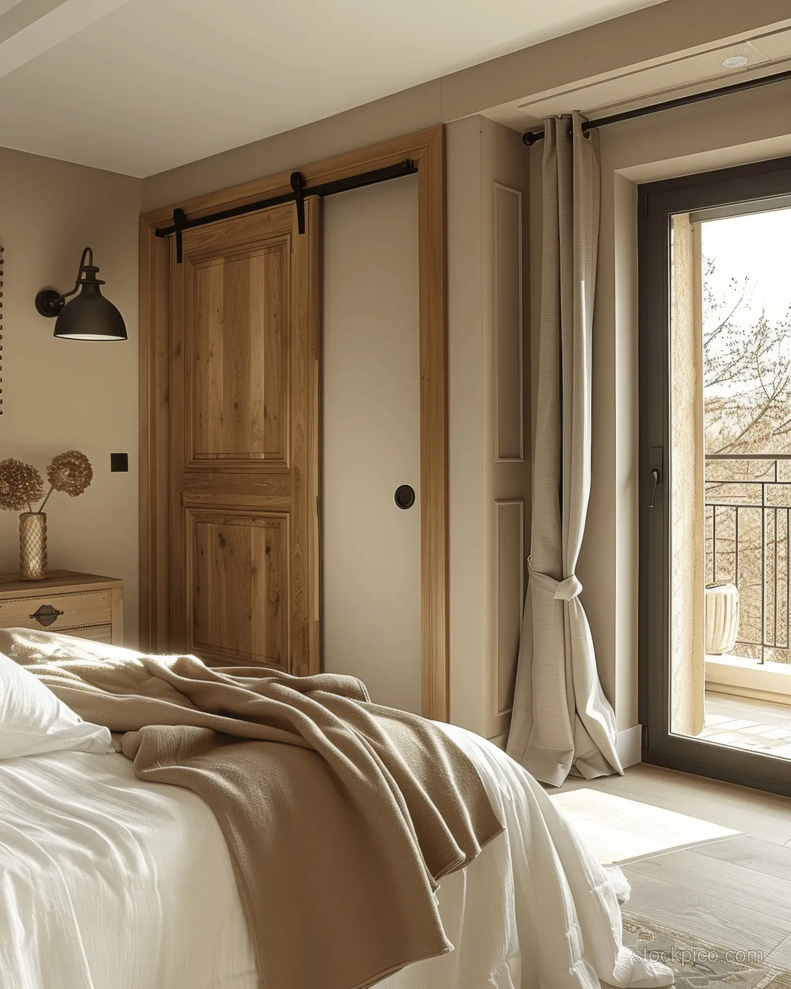 White and wood sliding wardrobe panel stands beside an unmade bed in a minimalist Scandinavian bedroom, lit by window daylight.