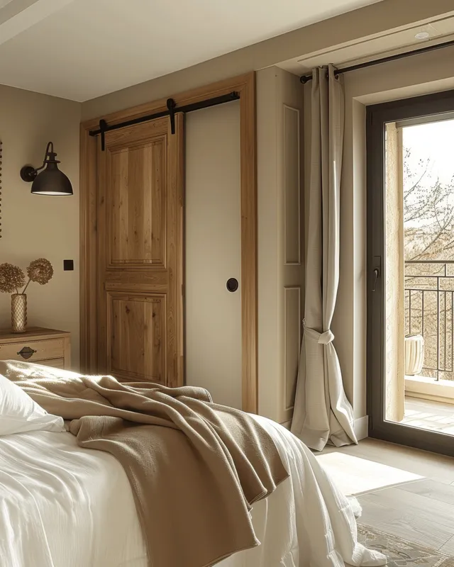 White and wood sliding wardrobe panel stands beside an unmade bed in a minimalist Scandinavian bedroom, lit by window daylight.