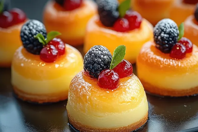 Rows of mini custard pastries topped with kiwi and mixed berries in a bakery display.