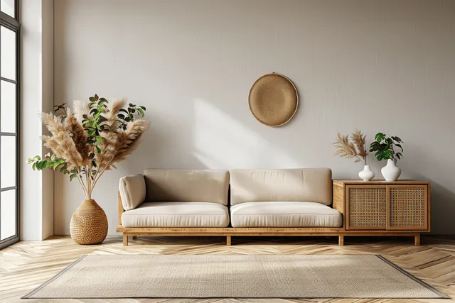 Beige sofa and wooden sideboard in a minimalist living room with potted plants and a coffee table.