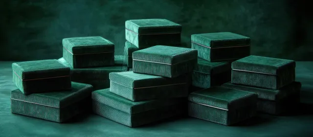 Green velvet jewelry boxes stacked on a matching velvet surface with soft moody lighting and shadows.
