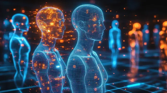Glowing translucent humanoid figures stand in a virtual grid with blue and orange data patterns behind them.