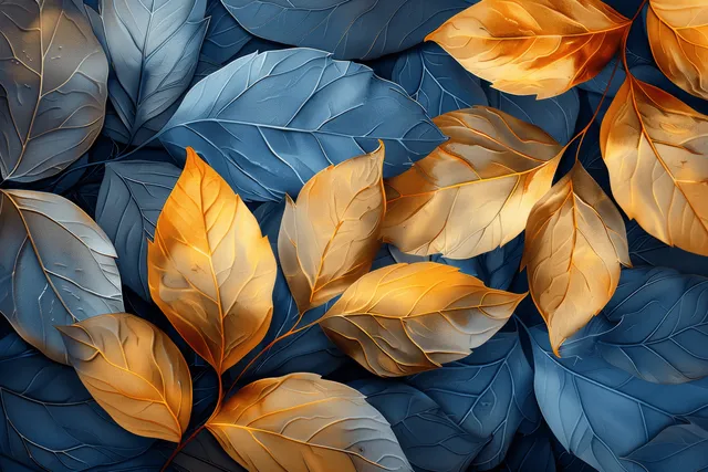 Hojas otoñales doradas y azules se superponen sobre un fondo texturizado similar al papel.