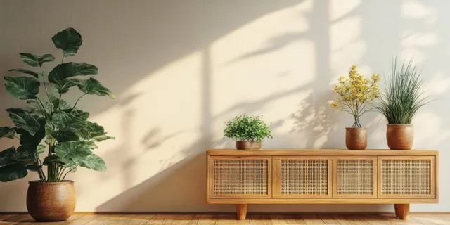 Minimalist wooden sideboard against a wall topped with potted plants under bright sunlight and leaf shadows.