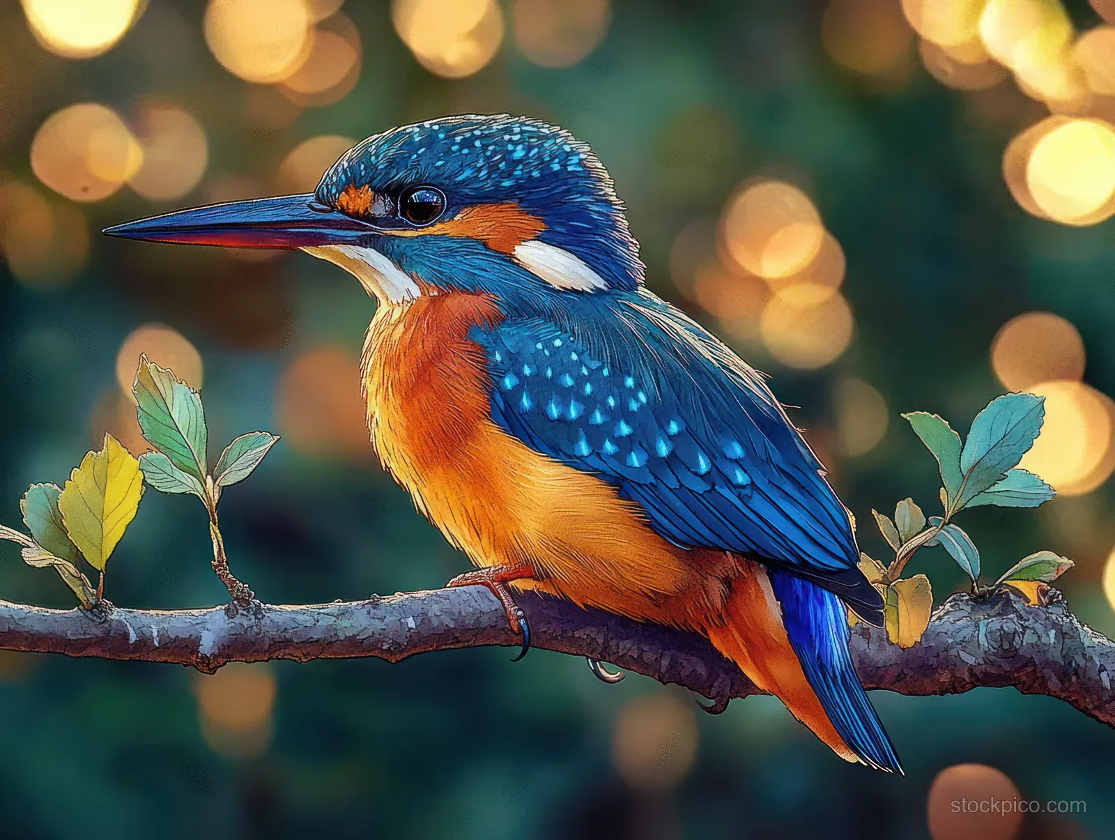 A blue and orange kingfisher perched on a branch with green leaves against warm blurred bokeh lights.