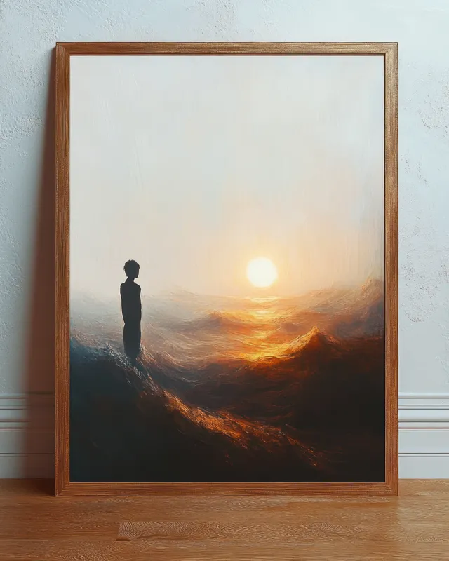 Silhouette of a lone figure standing in rough waves before a glowing misty sunset