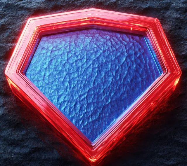 Superhero shield emblem glowing in red neon frame over textured blue background