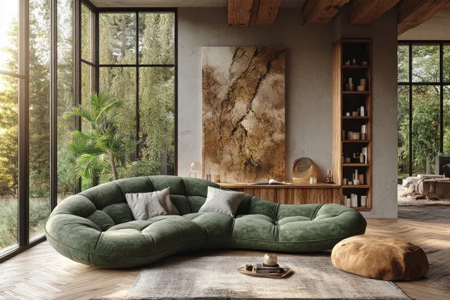 Green curved sofa in a bright modern living room with large windows, wood shelving, and warm natural light.