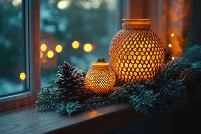 Pine garland and glowing candle lanterns on a wooden console table beside a softly lit window with bokeh.