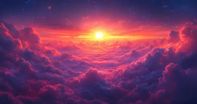 Airplane wing in silhouette above a vibrant sunset over layered clouds under a moonlit sky.