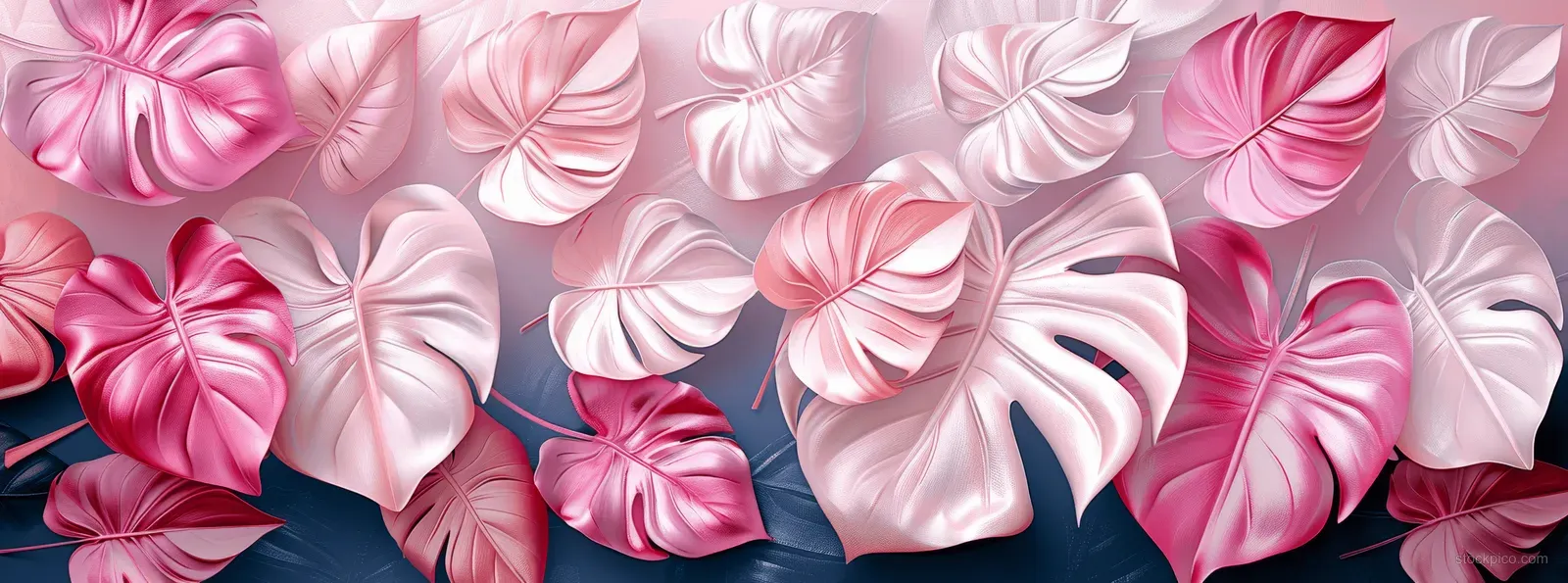 Pink and white 3D monstera leaves form a repeating pattern over a geometric ocean wave background.