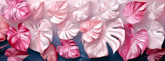 Pink and white 3D monstera leaf pattern over geometric ocean wave background