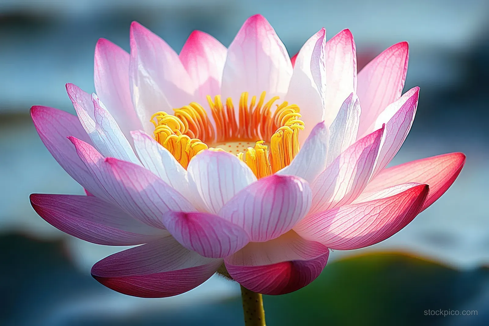 A pink and white lotus flower with a yellow center glows softly in close-up.