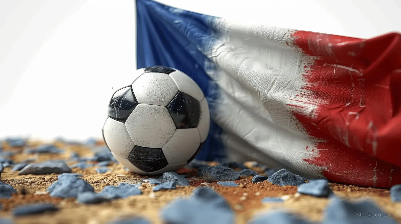 3D soccer ball sits on sand beside a waving French flag fabric with visible folds.