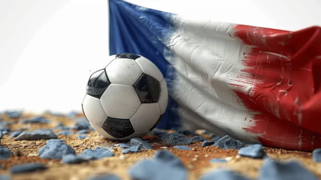 3D French flag soccer ball on white sand with subtle ripples and rolled fabric