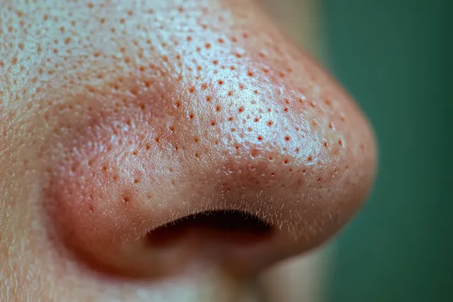 Close-up of an elderly woman's nose with visible skin texture and a small dark spot.