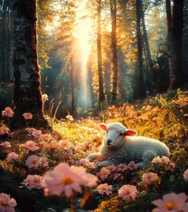 Shepherding Jesus Rescues a Lost Lamb in Spring Forest Light