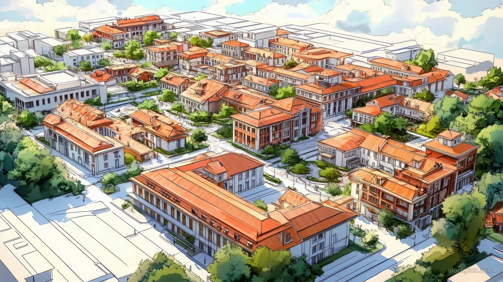Aerial neighborhood view with terracotta rooftops, tree-lined streets, and courtyard greenery overlaid with zoning layout lines.
