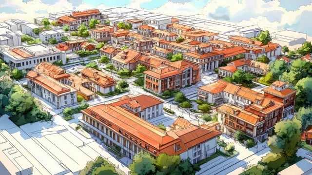 Aerial neighborhood view with terracotta rooftops, tree-lined streets, and courtyard greenery overlaid with zoning layout lines.
