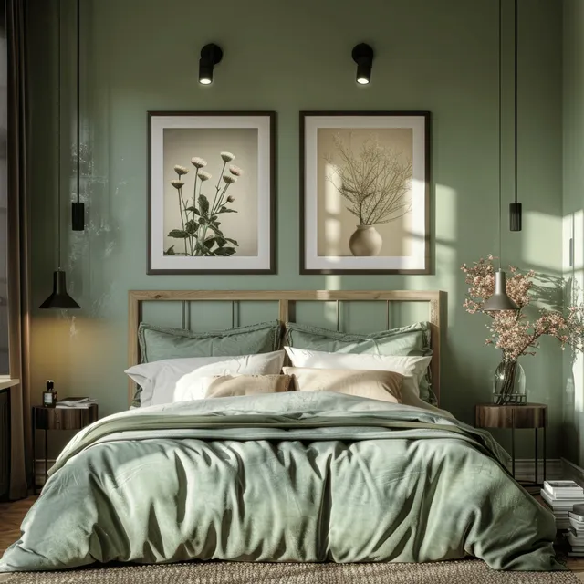 Green and beige bedroom interior with framed botanical posters above a made bed, black wall lamps, and flowers on a bedside table.