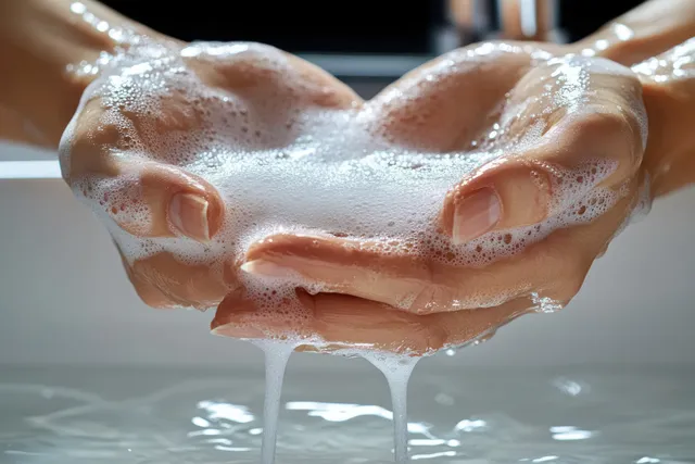 Hands lathered with soap under a bathroom sink tap with foamy water runoff