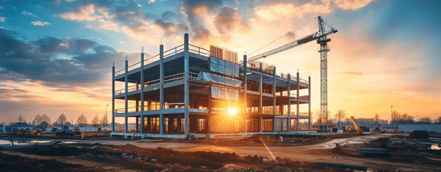 Steel framework of an office building rises on a construction site beside a crane at sunset.